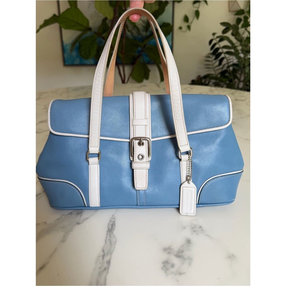 Coach Vintage Y2K Hamptons Leather Satchel Pool Blue White Shoulder Bag  9267